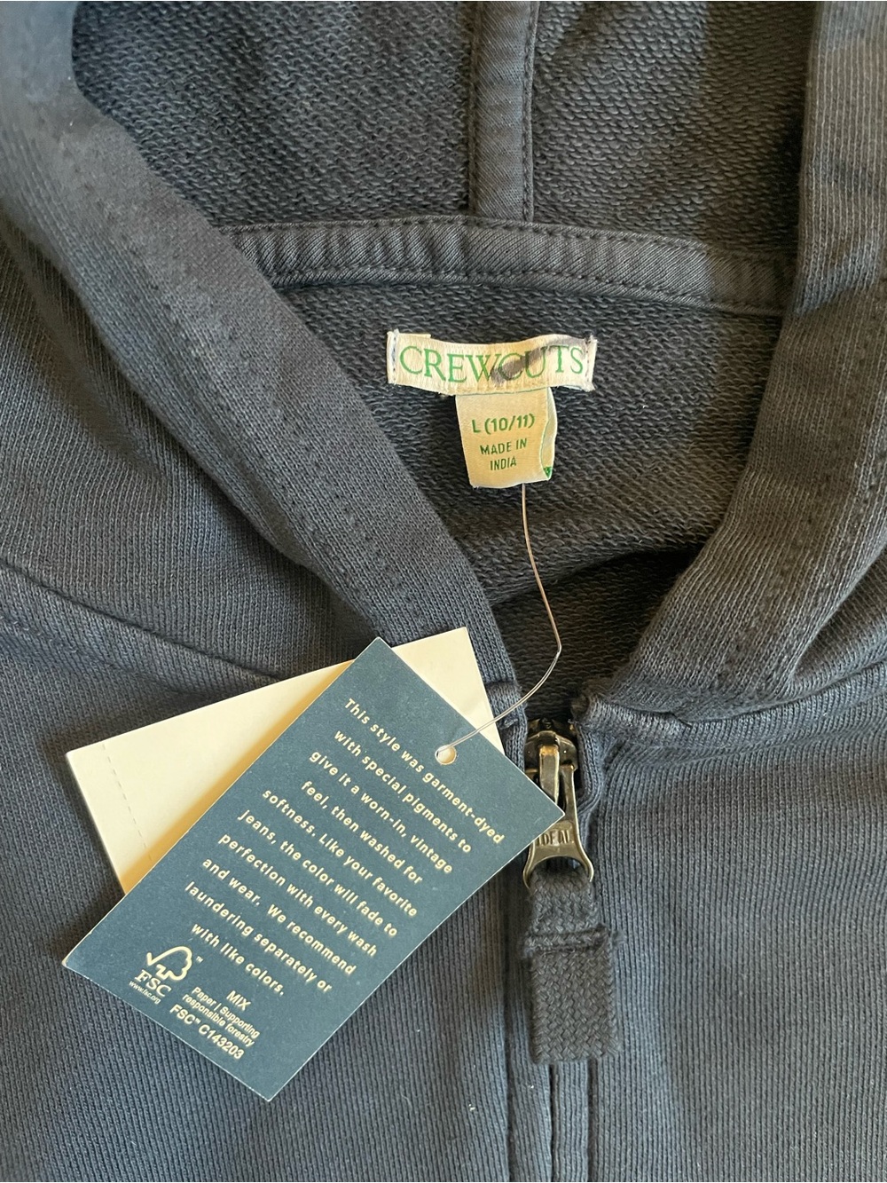 J. Crew KID by Crewcuts garment-dyed zip-up hoodie in Navy Size L NWT CB738 - Picture 4 of 5